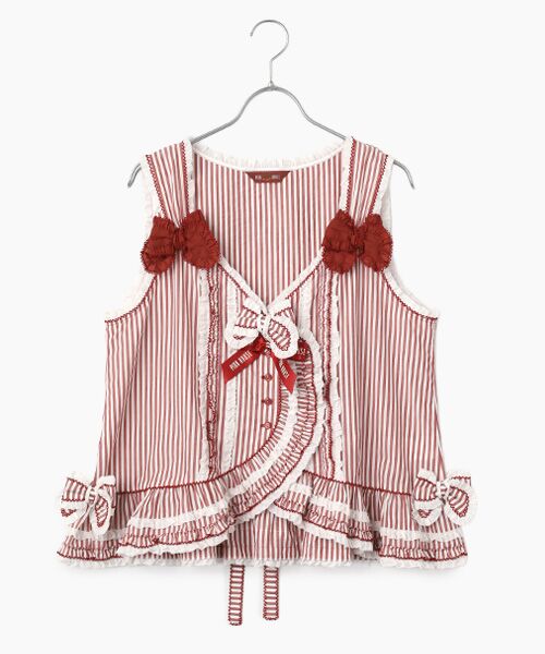 PINK HOUSE / ピンクハウス ベスト | ローンフリル使いストライプベストブラウス（アカ）