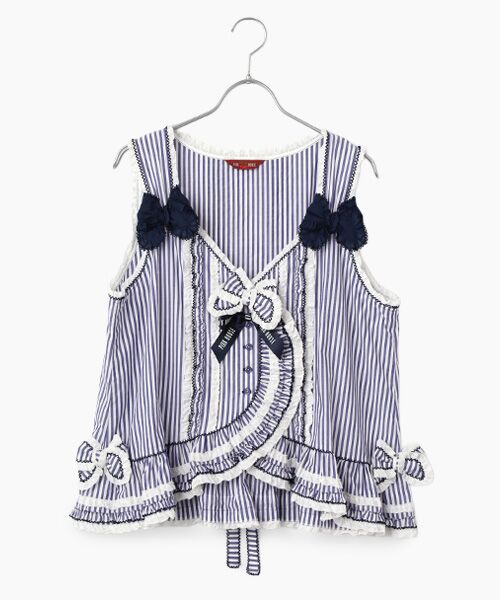 PINK HOUSE / ピンクハウス ベスト | ローンフリル使いストライプベストブラウス（ネイビー）