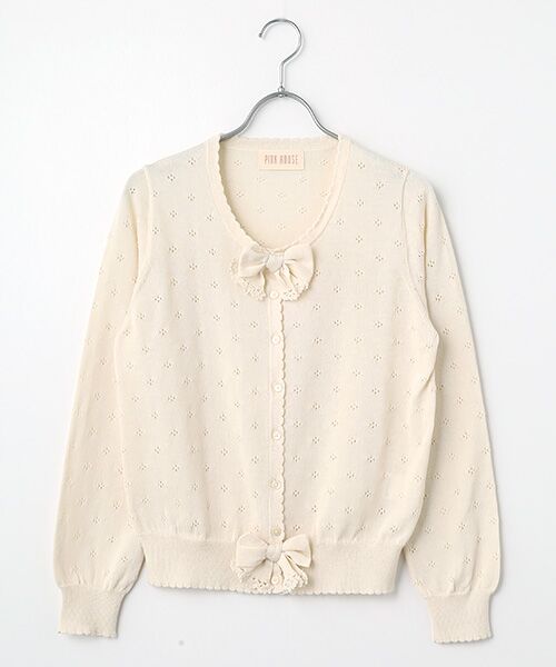 PINK HOUSE / ピンクハウス カーディガン・ボレロ | リボンモチーフ付き透かし柄カーディガン（アイボリー）