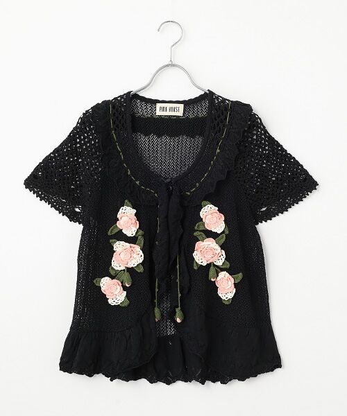 PINK HOUSE / ピンクハウス ベスト | ポワン・ド・ローズモチーフニットベスト（クロ）