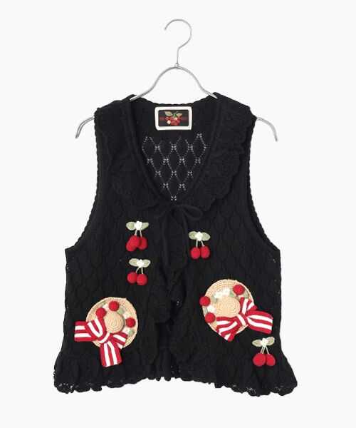 PINK HOUSE / ピンクハウス ベスト | さくらんぼの日曜日モチーフ使いニットベスト（クロ）