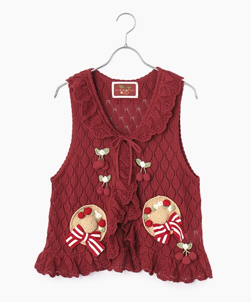 PINK HOUSE / ピンクハウス ベスト | さくらんぼの日曜日モチーフ使いニットベスト（アカ）