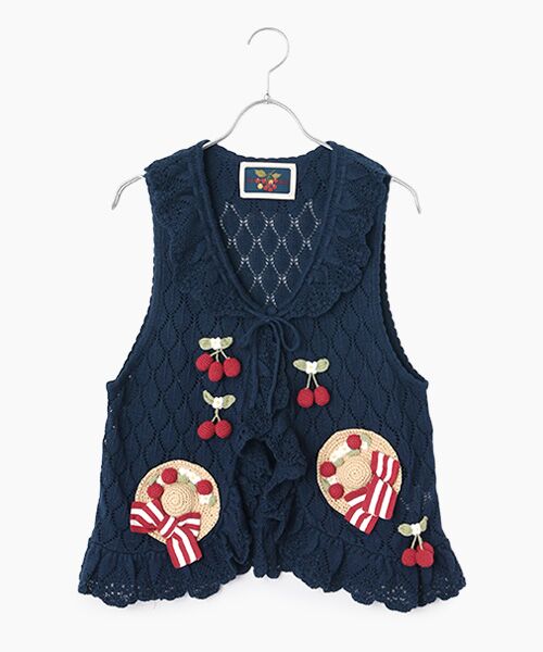 PINK HOUSE / ピンクハウス ベスト | さくらんぼの日曜日モチーフ使いニットベスト（ネイビー）