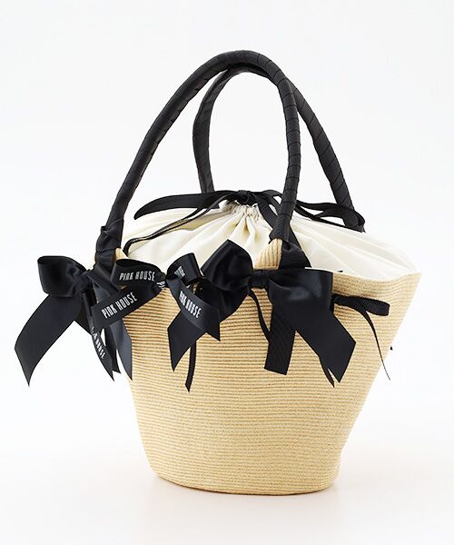 PINK HOUSE / ピンクハウス かごバック | リボンいっぱい麦わらかごバッグ（ナチュラル×クロリボン）