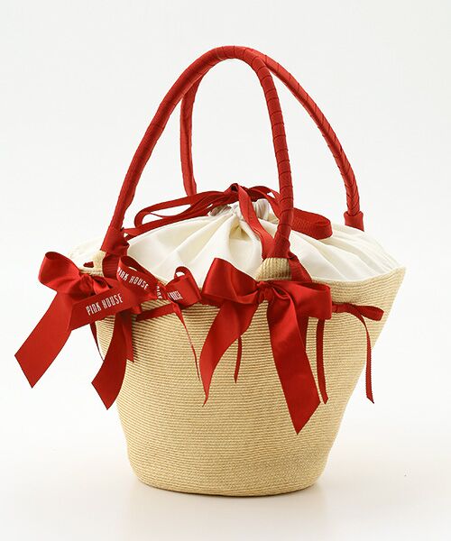 PINK HOUSE / ピンクハウス かごバック | リボンいっぱい麦わらかごバッグ（ナチュラル×アカリボン）