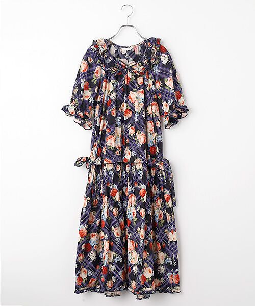 PINK HOUSE / ピンクハウス ロング・マキシ丈ワンピース | フラワーチェックプリントミディワンピース（クロ）