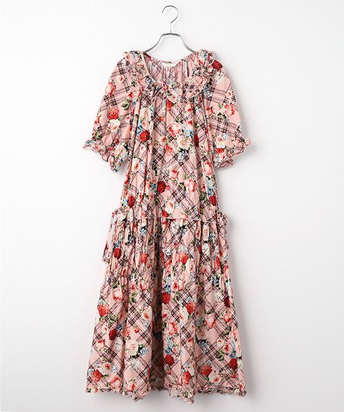 PINK HOUSE / ピンクハウス ロング・マキシ丈ワンピース | フラワーチェックプリントミディワンピース（ピンク）