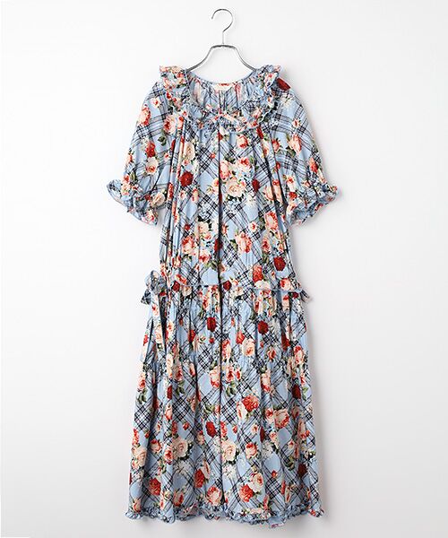 PINK HOUSE / ピンクハウス ロング・マキシ丈ワンピース | フラワーチェックプリントミディワンピース（ブルー）
