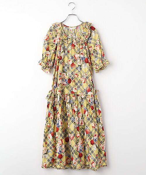 PINK HOUSE / ピンクハウス ロング・マキシ丈ワンピース | フラワーチェックプリントミディワンピース（イエロー）