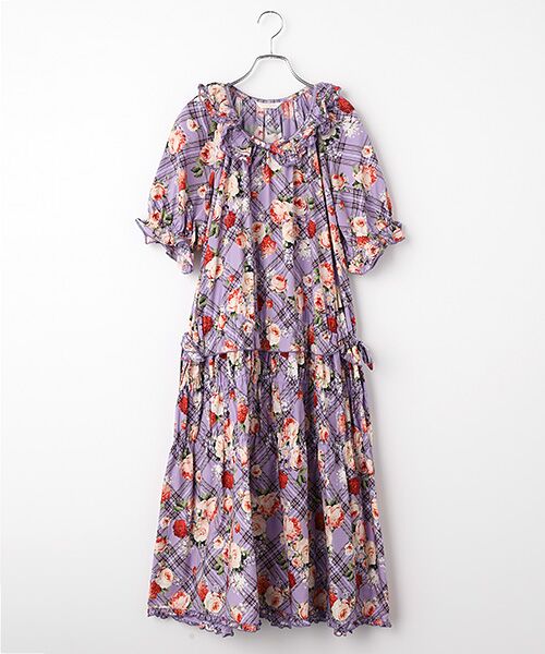 PINK HOUSE / ピンクハウス ロング・マキシ丈ワンピース | フラワーチェックプリントミディワンピース（パープル）
