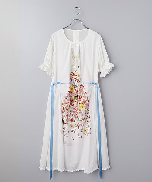 PINK HOUSE / ピンクハウス ロング・マキシ丈ワンピース | トロンプルイユラビットプリント使いローンワンピース（シロ）