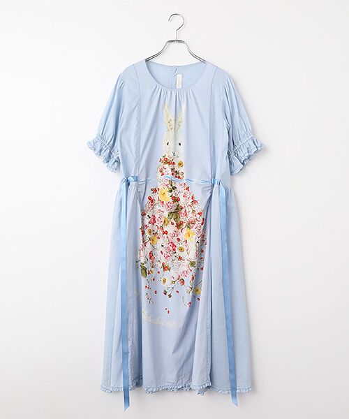 PINK HOUSE / ピンクハウス ロング・マキシ丈ワンピース | トロンプルイユラビットプリント使いローンワンピース（ブルー）