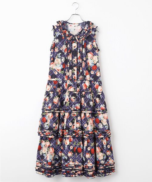 PINK HOUSE / ピンクハウス ロング・マキシ丈ワンピース | フラワーチェックプリントノースリーブワンピース（クロ）