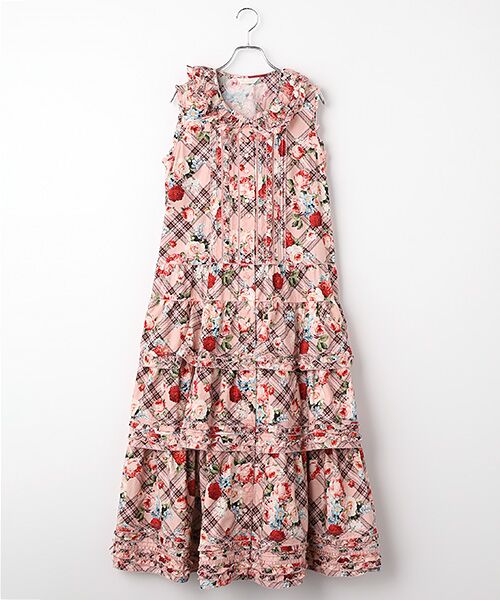 PINK HOUSE / ピンクハウス ロング・マキシ丈ワンピース | フラワーチェックプリントノースリーブワンピース（ピンク）