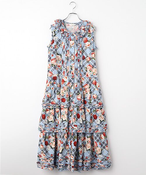 PINK HOUSE / ピンクハウス ロング・マキシ丈ワンピース | フラワーチェックプリントノースリーブワンピース（ブルー）