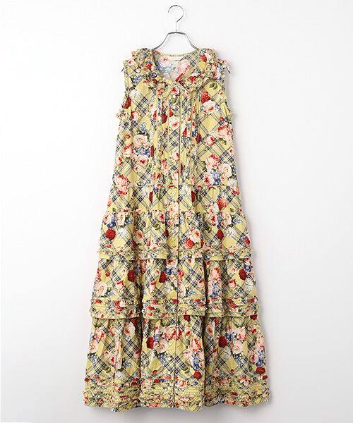PINK HOUSE / ピンクハウス ロング・マキシ丈ワンピース | フラワーチェックプリントノースリーブワンピース（イエロー）