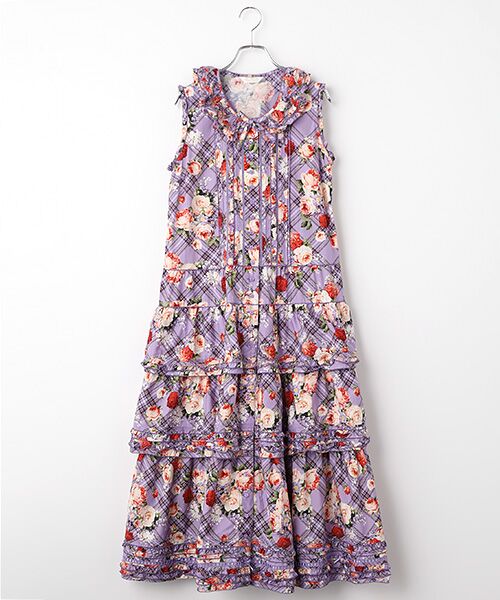 PINK HOUSE / ピンクハウス ロング・マキシ丈ワンピース | フラワーチェックプリントノースリーブワンピース（パープル）
