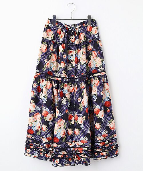 PINK HOUSE / ピンクハウス ロング・マキシ丈スカート | フラワーチェックプリントスカート（クロ）