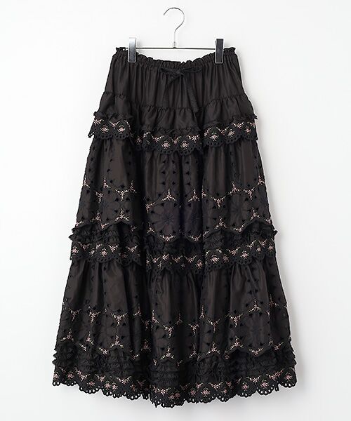 PINK HOUSE / ピンクハウス ロング・マキシ丈スカート | フラワーエンブレース使いスカート（クロ）
