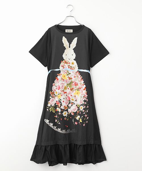 PINK HOUSE / ピンクハウス ロング・マキシ丈ワンピース | トロンプルイユラビットプリント使いカットソーワンピース（クロ）