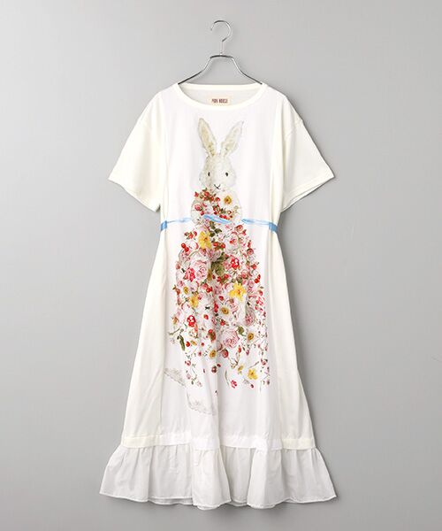 PINK HOUSE / ピンクハウス ロング・マキシ丈ワンピース | トロンプルイユラビットプリント使いカットソーワンピース（シロ）