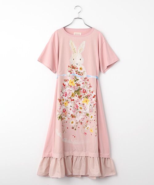 PINK HOUSE / ピンクハウス ロング・マキシ丈ワンピース | トロンプルイユラビットプリント使いカットソーワンピース（ピンク）