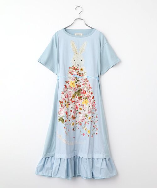PINK HOUSE / ピンクハウス ロング・マキシ丈ワンピース | トロンプルイユラビットプリント使いカットソーワンピース（ブルー）