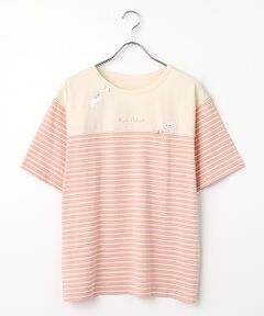 PINK HOUSE / ピンクハウス Tシャツ | ボーダー猫刺繍ポンポンつき半袖Tシャツ