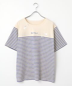 PINK HOUSE / ピンクハウス Tシャツ | ボーダー猫刺繍ポンポンつき半袖Tシャツ