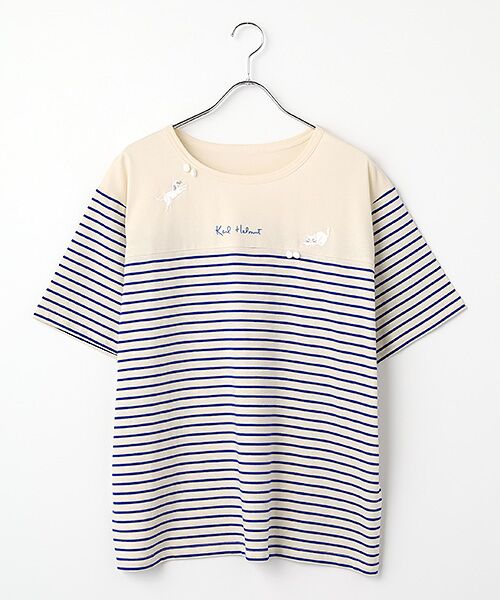 PINK HOUSE / ピンクハウス Tシャツ | ボーダー猫刺繍ポンポンつき半袖Tシャツ（ブルー×シロ）