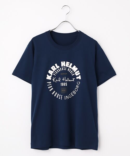 PINK HOUSE / ピンクハウス Tシャツ | ワールドロゴプリント半袖Ｔシャツ（ネイビー×オフ）
