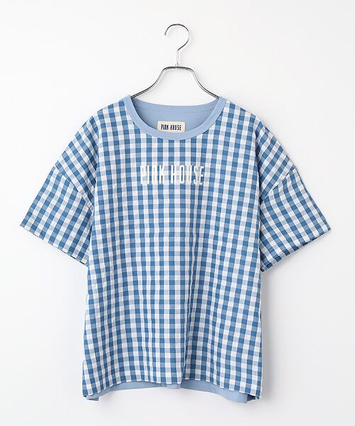 PINK HOUSE / ピンクハウス カットソー | ロゴプリント入りギンガムチェック×カットソー（ブルー×ブルーギンガム）