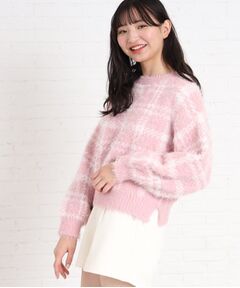 ◆【130cmサイズあり】チェック柄ロングシャギーニットプルオーバー