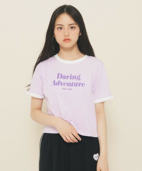 PINK-latte / ピンク ラテ Tシャツ | 【130cmあり】フロントロゴ袖リボンリンガーTシャツ | 詳細6