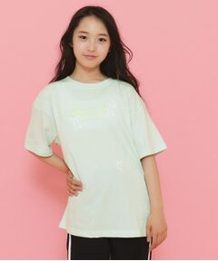 リボンロゴプリントラインストーン付きTシャツ