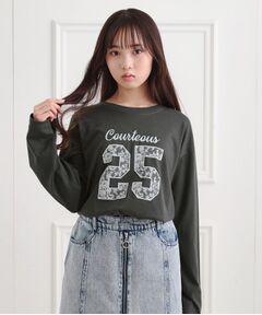 PINK-latte / ピンク ラテ カットソー | レースプリントナンバリングロンT