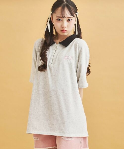 PINK-latte/ピンク ラテ ハーフジップ衿付きTシャツ ライトグレー(011) 14(140cm) PINK-latte/ピンク ラテ ハーフジップ衿付きTシャツ ライトグレー(011) 14(140cm)
