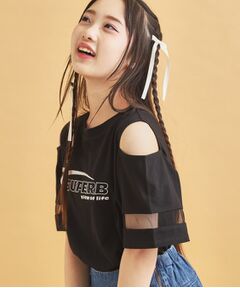 PINK-latte / ピンク ラテ カットソー | チュール切替肩あきTシャツ