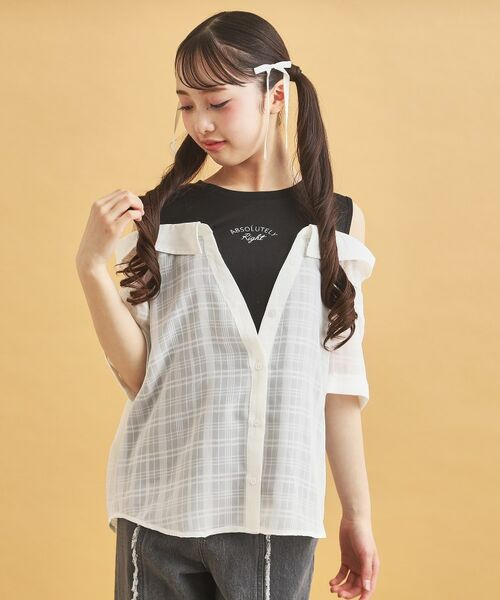 PINK-latte/ピンク ラテ シアーシャツドッキングトップス オフホワイト(003) 15(150cm) PINK-latte/ピンク ラテ シアーシャツドッキングトップス オフホワイト(003) 15(150cm)