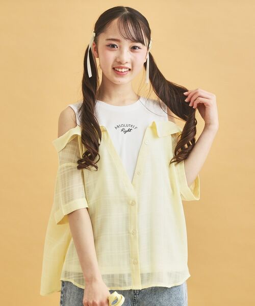 PINK-latte/ピンク ラテ シアーシャツドッキングトップス イエロー(031) 15(150cm) PINK-latte/ピンク ラテ シアーシャツドッキングトップス イエロー(031) 15(150cm)