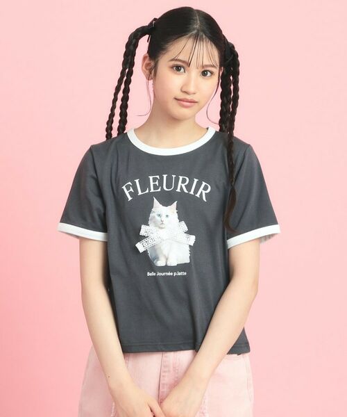 PINK-latte/ピンク ラテ フォトネコリンガーTシャツ チャコールグレー(014) 15(150cm) PINK-latte/ピンク ラテ フォトネコリンガーTシャツ チャコールグレー(014) 15(150cm)