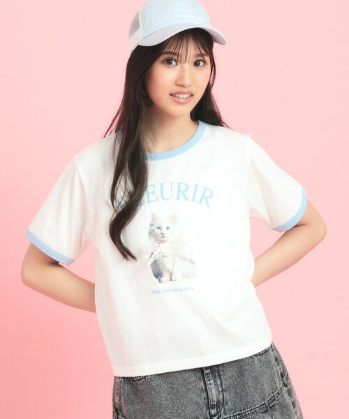 PINK-latte/ピンク ラテ フォトネコリンガーTシャツ ブルー(091) 13(130cm) PINK-latte/ピンク ラテ フォトネコリンガーTシャツ ブルー(091) 13(130cm)