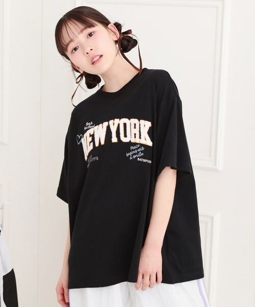 PINK-latte / ピンク ラテ Tシャツ | さがら刺繍ビッグTシャツ(ブラック(019))