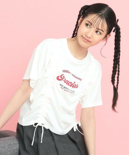 PINK-latte/ピンク ラテ フロントドロストリボンTシャツ オフホワイト(003) 14(140cm) PINK-latte/ピンク ラテ フロントドロストリボンTシャツ オフホワイト(003) 14(140cm)