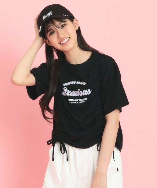 PINK-latte/ピンク ラテ フロントドロストリボンTシャツ ブラック(019) 16(160cm) PINK-latte/ピンク ラテ フロントドロストリボンTシャツ ブラック(019) 16(160cm)