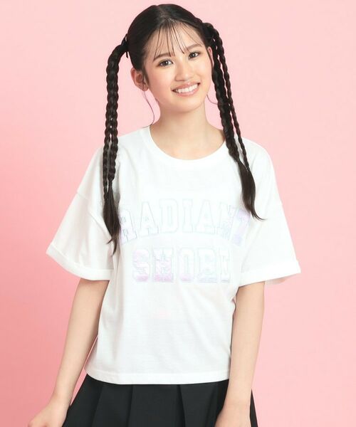 PINK-latte/ピンク ラテ サテンアップリケカレッジTシャツ オフホワイト(003) 15(150cm) PINK-latte/ピンク ラテ サテンアップリケカレッジTシャツ オフホワイト(003) 15(150cm)