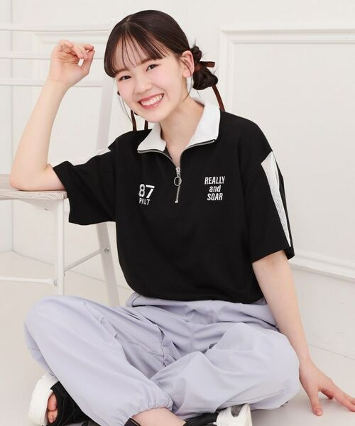 PINK-latte/ピンク ラテ メッシュ切替ハーフジッププルオーバー ブラック(019) 16(160cm) PINK-latte/ピンク ラテ メッシュ切替ハーフジッププルオーバー ブラック(019) 16(160cm)