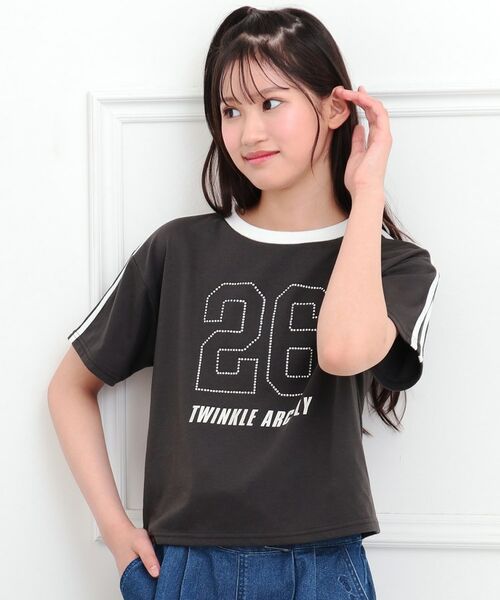 PINK-latte / ピンク ラテ Tシャツ | ラインストーンナンバリングTシャツ(チャコールグレー(014))