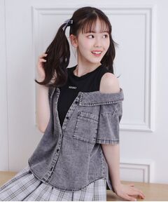 PINK-latte / ピンク ラテ シャツ・ブラウス | 肩あきデニムドッキングシャツ