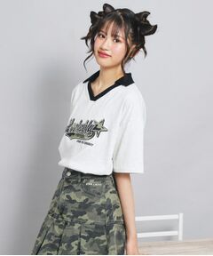 PINK-latte / ピンク ラテ カットソー | Vネック衿付きアップリケビッグTシャツ